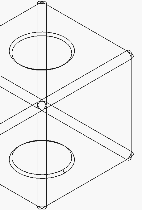 Wireframe view of the Umekaze bag charm — a cube form with two circular cut-outs